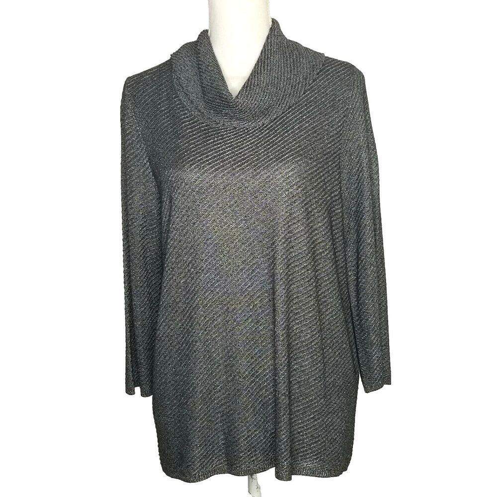 Chicos Easywear Sz 0 Tunic Sweater Top US Small Gray Metallic Cowl Neck Pullover